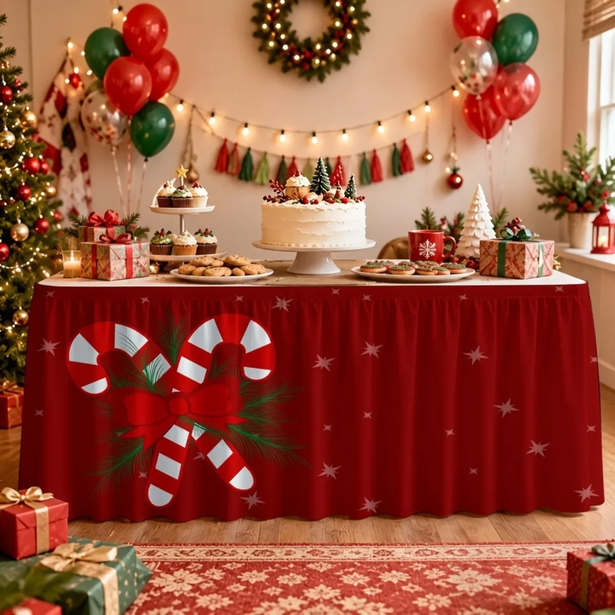 1pc Party Table Skirt, Red Base Stick Candy Christmas Theme Table Skirt, Simple and Festive Holiday Style Tablecloth Table Skirt