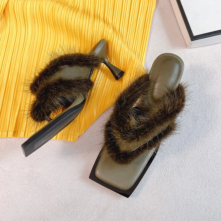 2024 Luxury Fur Women Army Green Slippers Vintage Brown Summer Flip Flops Fashion Thin High Heels Lady Slides Femininos Creepers