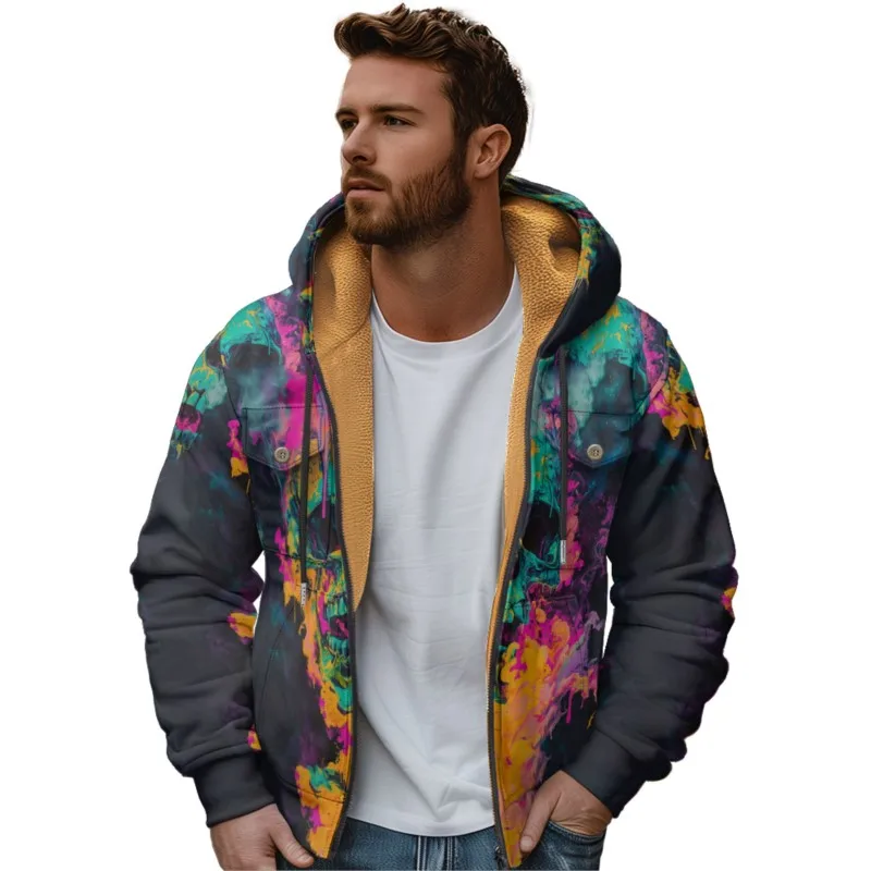 Men's Fleece Long Sleeve Zipper Hoodies Parkas Vintage Skull Pattern Coat Jacket For Men/Women Winter Outerwear