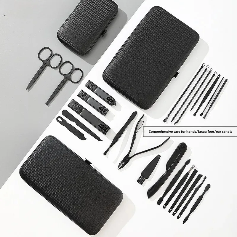 8/12/15/24 قطعة مجموعة مقص الأظافر السوداء باديكير سكين الفولاذ المقاوم للصدأ مسمار الجمال أداة العناية بالأظافر المتقلب صندوق سفر محمول