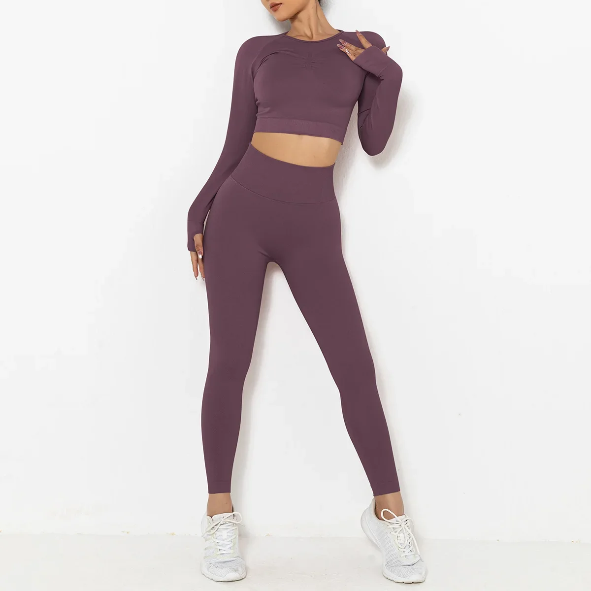 Ensemble de Sport deux pièces pour femmes, vêtements d'entraînement, Fitness, Yoga, manches longues, short, sans couture, Leggings