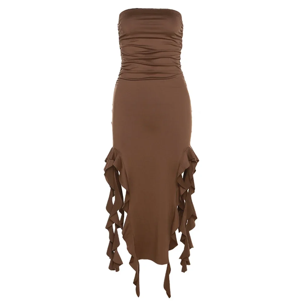 デイリードレス女性服真新しいエレガントなフリルセクシーなストラップレスビーチホリデードレス女性のためのビーチビーチパーティー