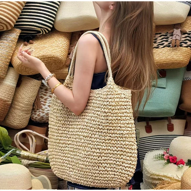 Vintage Einfarbige Gewebte Schultertasche, Minimalistische Casual Pendler-Handtasche für Frauen, Sommer Strand Handgefertigte Leichte Tasche – Detail 6