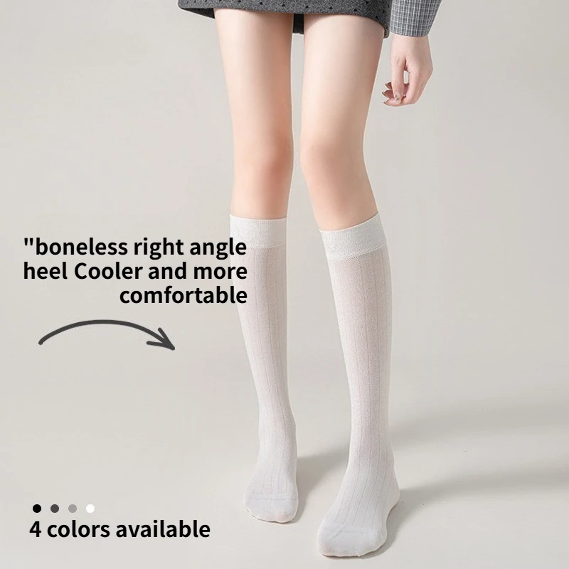 Women Ribbed Boneless Right Angle Heel Knee High Socks Soft Breathable Cotton Calf Socks Daily School Casual Long Socks