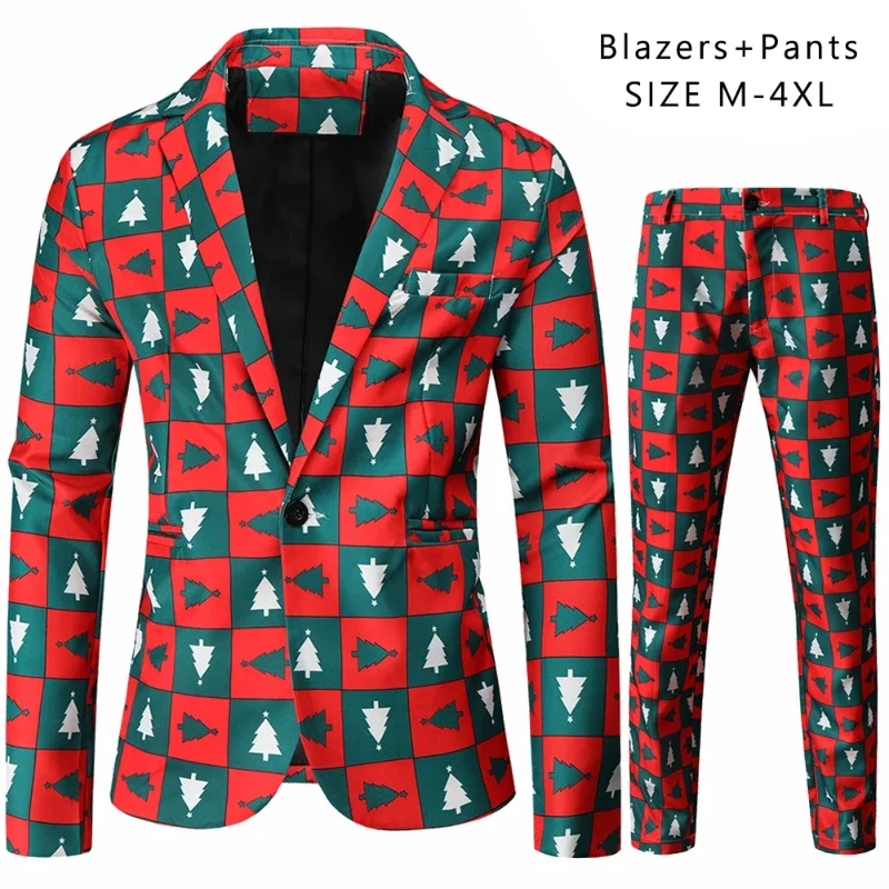 Christmas 2 Piece Set Funny Xmas Cartoon Print Men Suit Jacket and Trousers Fashion New Year Party Dress Up Wear Large Size 4XL