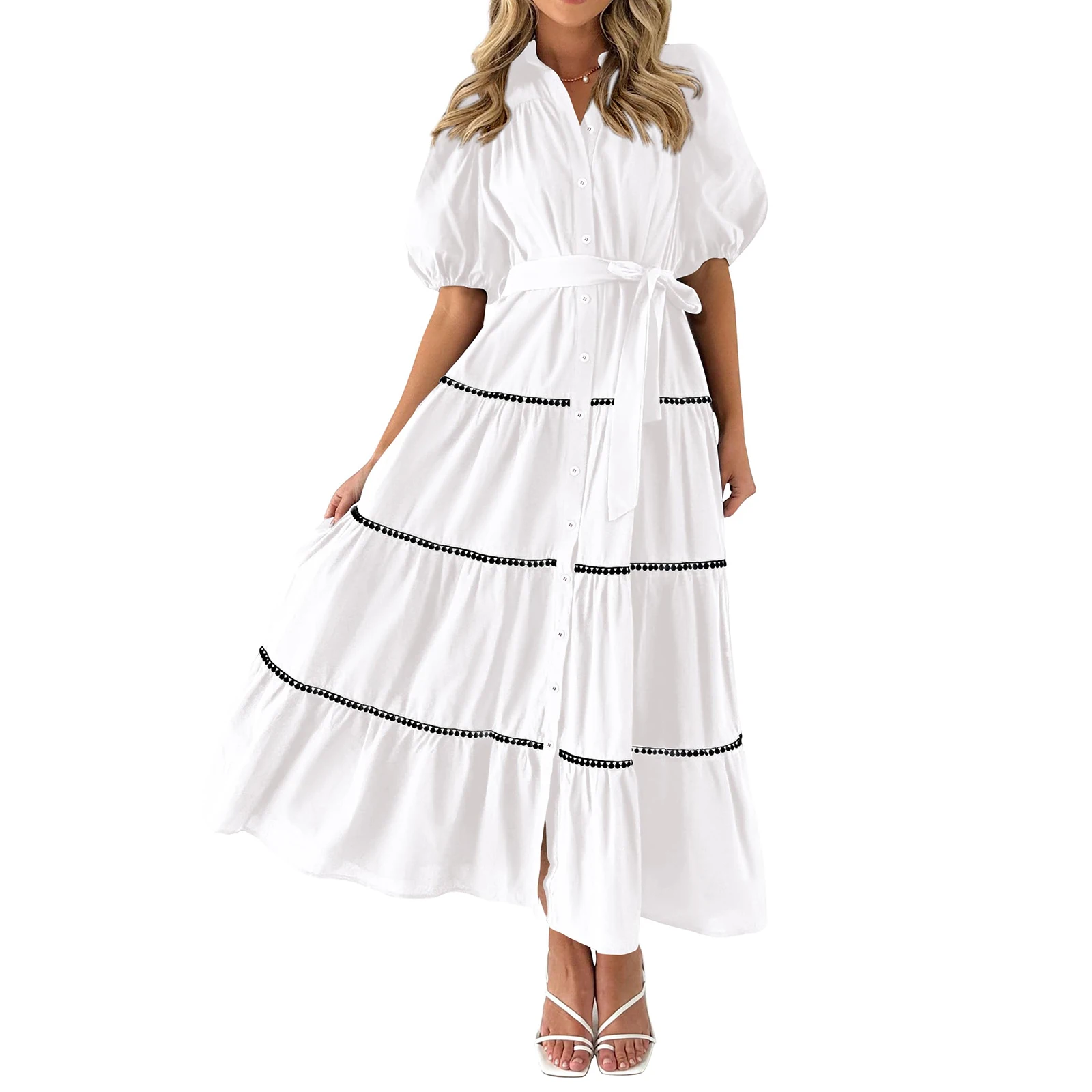 Vestido de camisa de verão feminino, Manga curta inchada, Ruffle Flowy Maxi Vestidos em camadas