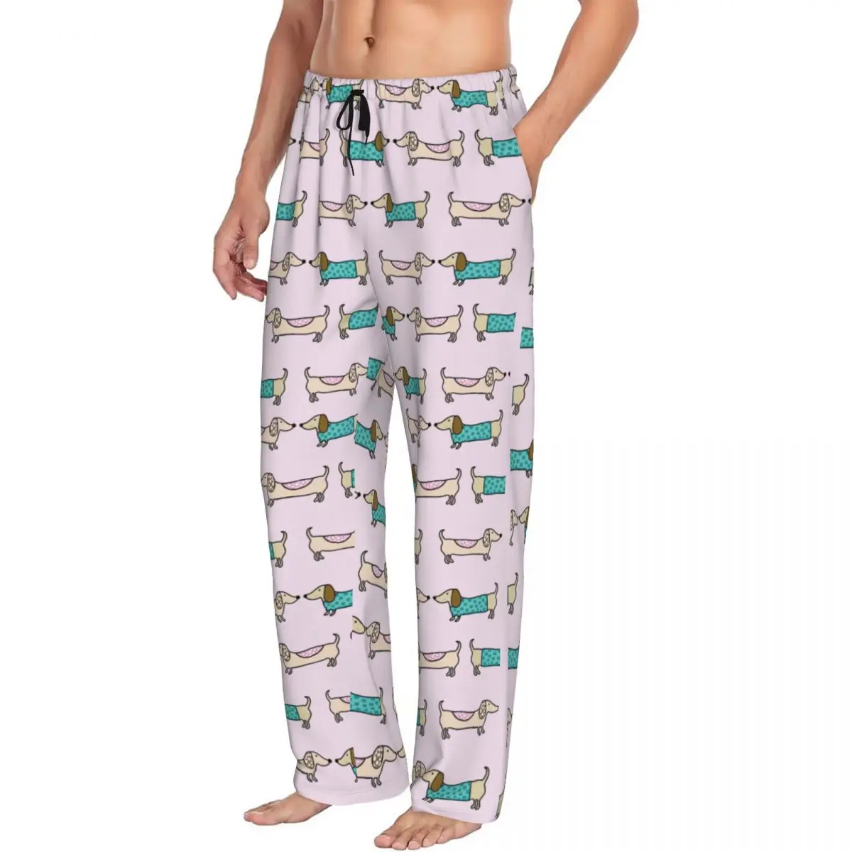 Custom Printed Men's Cute Dachshund Puppy Pajama Pants Wiener Sausage Dog Sleepwear Sleep Lounge Bottoms with Pockets