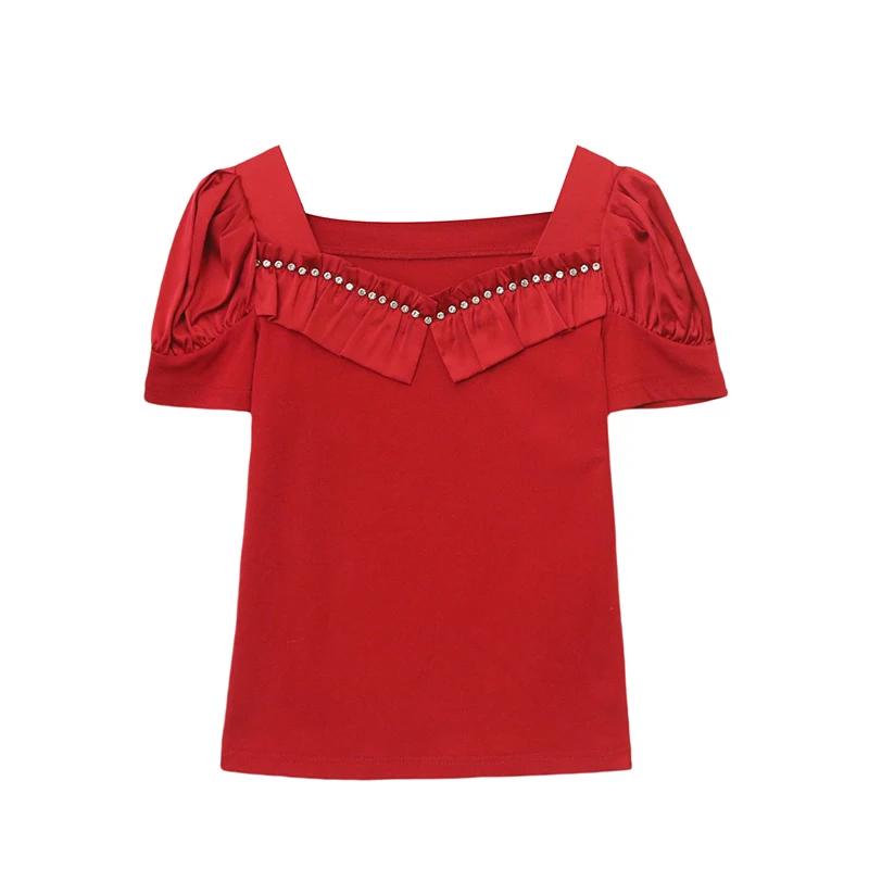 MadBlack-Women European T-Shirt, Sexy Square Collar Beading, Hotsweet Puff Sleeve Slim M-3XL Knit Tee, 2026 Summer New T67206CC