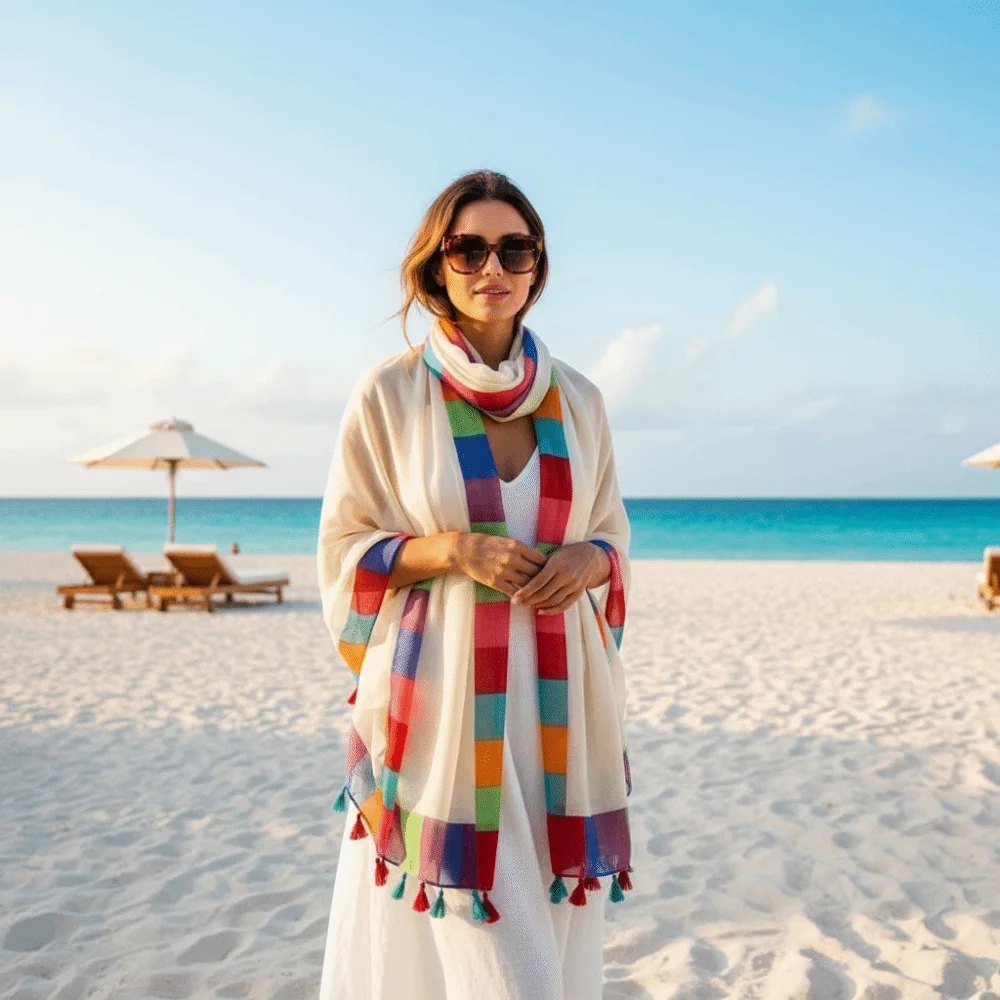 Holiday Stole Rainbow-Border Linen Scarf Color-Block Lightweight Beach Wrap Tasseled Boho-Style Sunscreen Sarong Travelers
