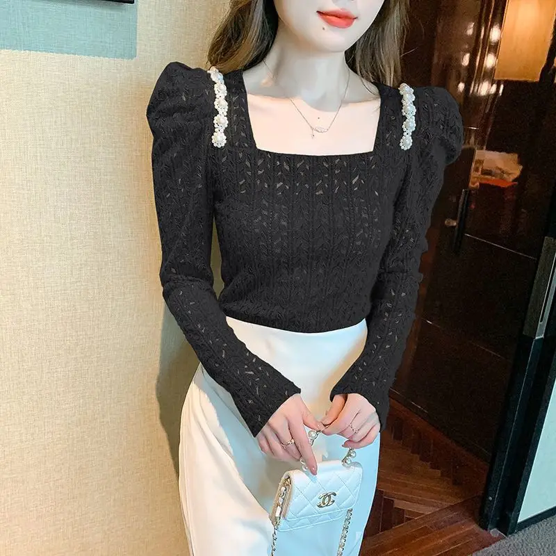 Vintage Lace Hollow Out T Shirts Women Clothing Spring Autumn New Long Sleeve Youth Solid Temperament Tops Tees Fashion Elegant