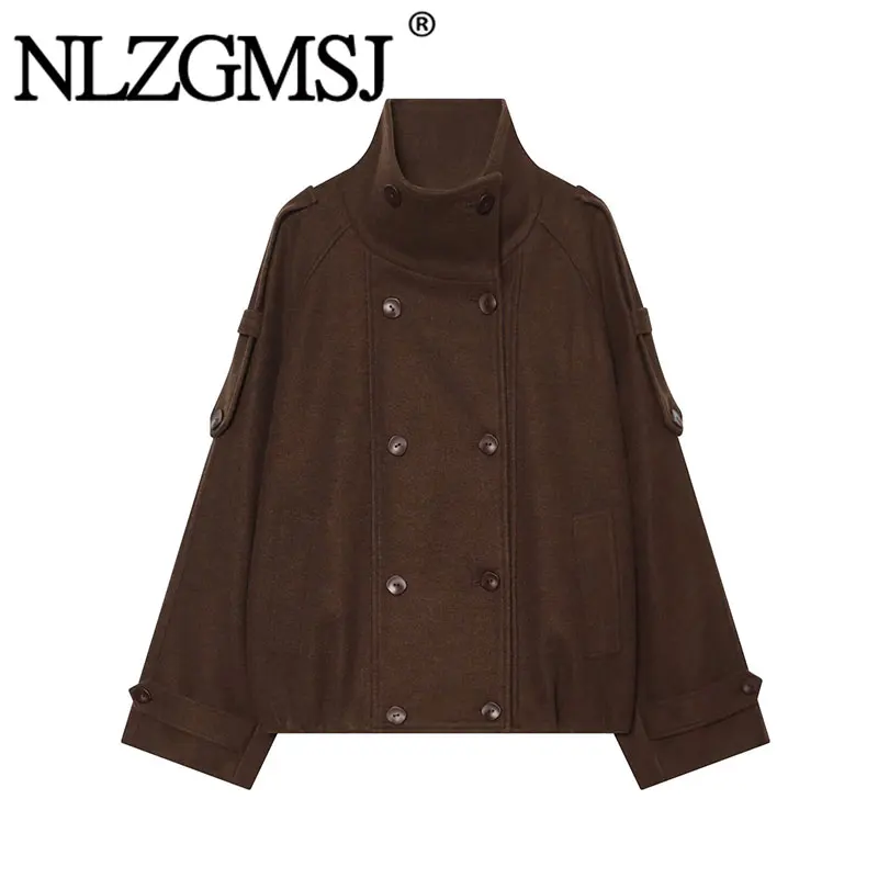 NLZGMSJ 2026 Women's Jacket Autumn Winter New Casual Fashion Solid Versatile Stand Collar Double-Breasted Coat