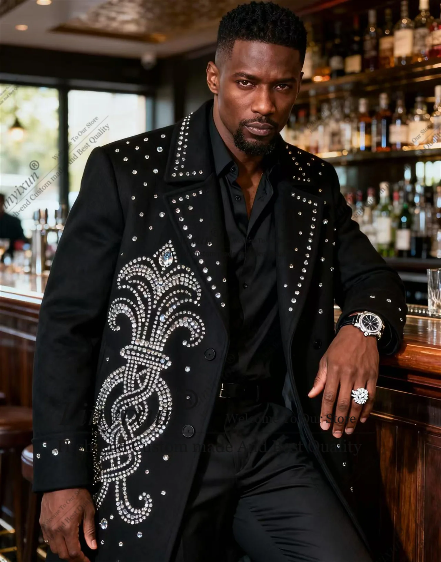 

Autumn winter styles Long Coat Rhinestones Men Suits Formal Slim Ropa hombre Customized Wedding Tuxedos 2 Pieces Male Blazers