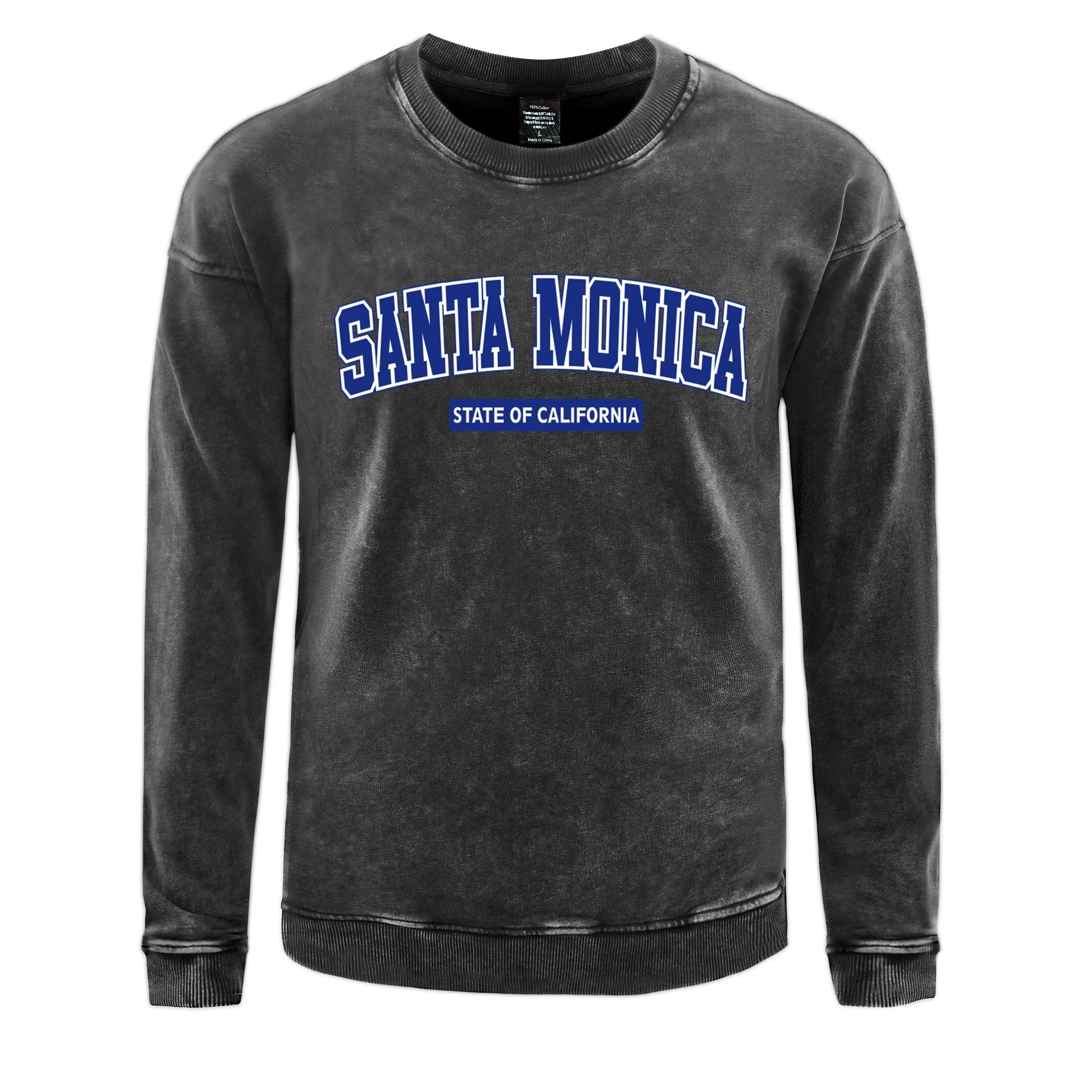 Santa Monica State Of California Men Washed Sweatshirt Harajuku Hip Hop Top Fashion Cotton Pullover Oversize Couple Soft