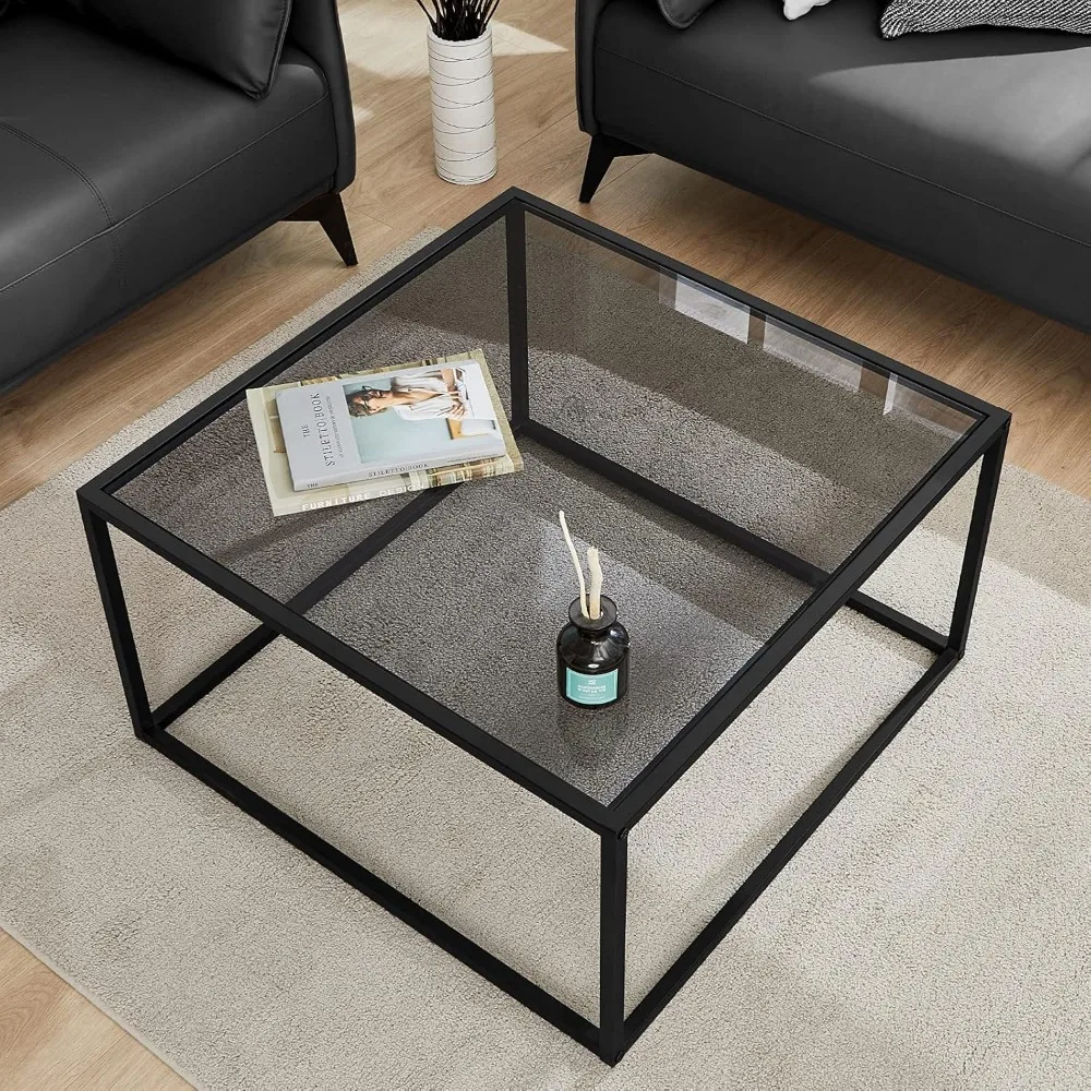 

Glass Coffee Table, Small Modern Coffee Table Square Simple Center Tables for Living Room 26.7 x 26.7 x 17.7 Inches, Gray Black
