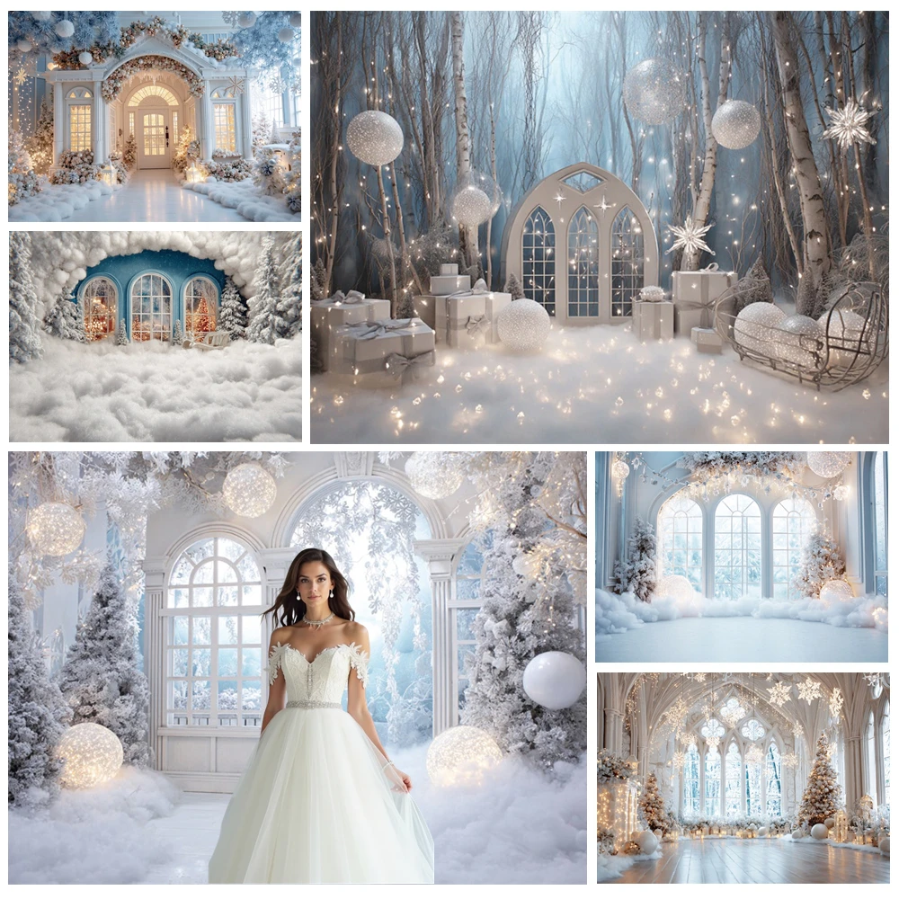 

MOON.QG Blue Christmas Backgrounds Photo Booth Snowy Xmas Trees Window Enchanted Winter Wedding Scene Backdrop Portrait Props