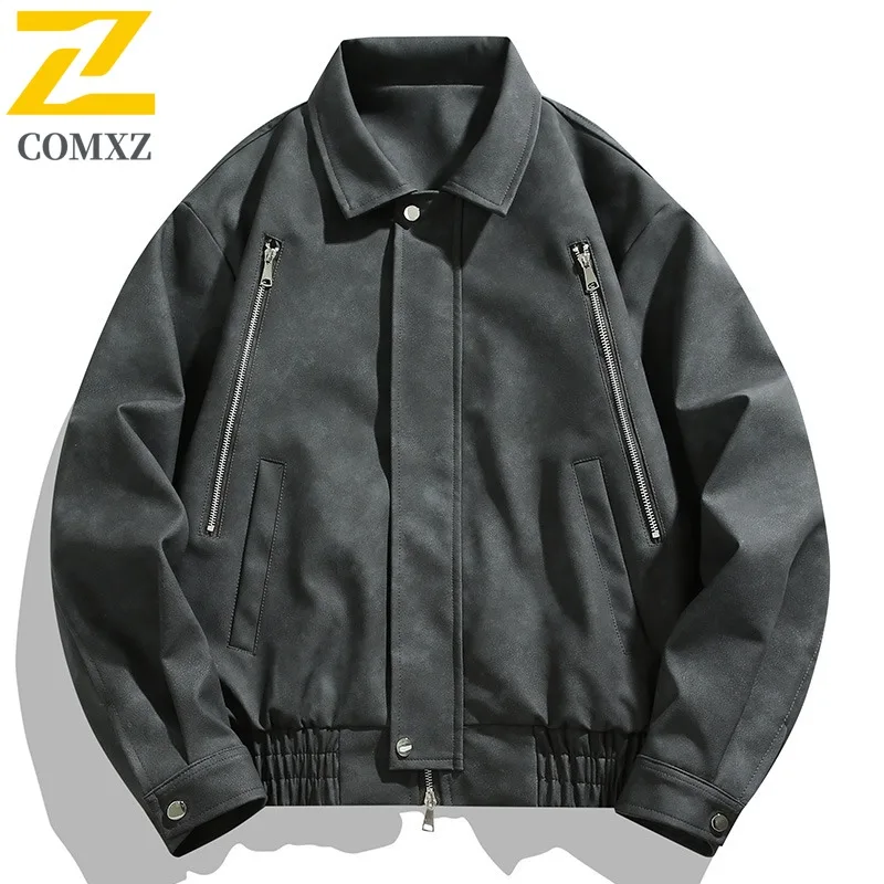 

COMXZ Men Autumn Leather Jacket Brand Luxury Stand Collar Outdoor Riding Motorcycle Coat Everyday Style Lightweight Clothing