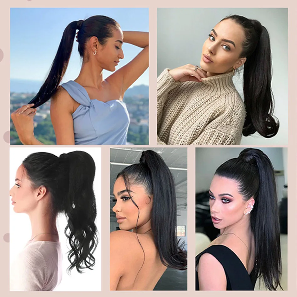 Ekstensi rambut lurus manusia Ponytail klip bungkus di sekitar Ponytail rambut dalam potongan rambut Real Beauty rambut Remy Brasil 12 "sampai 26 inci