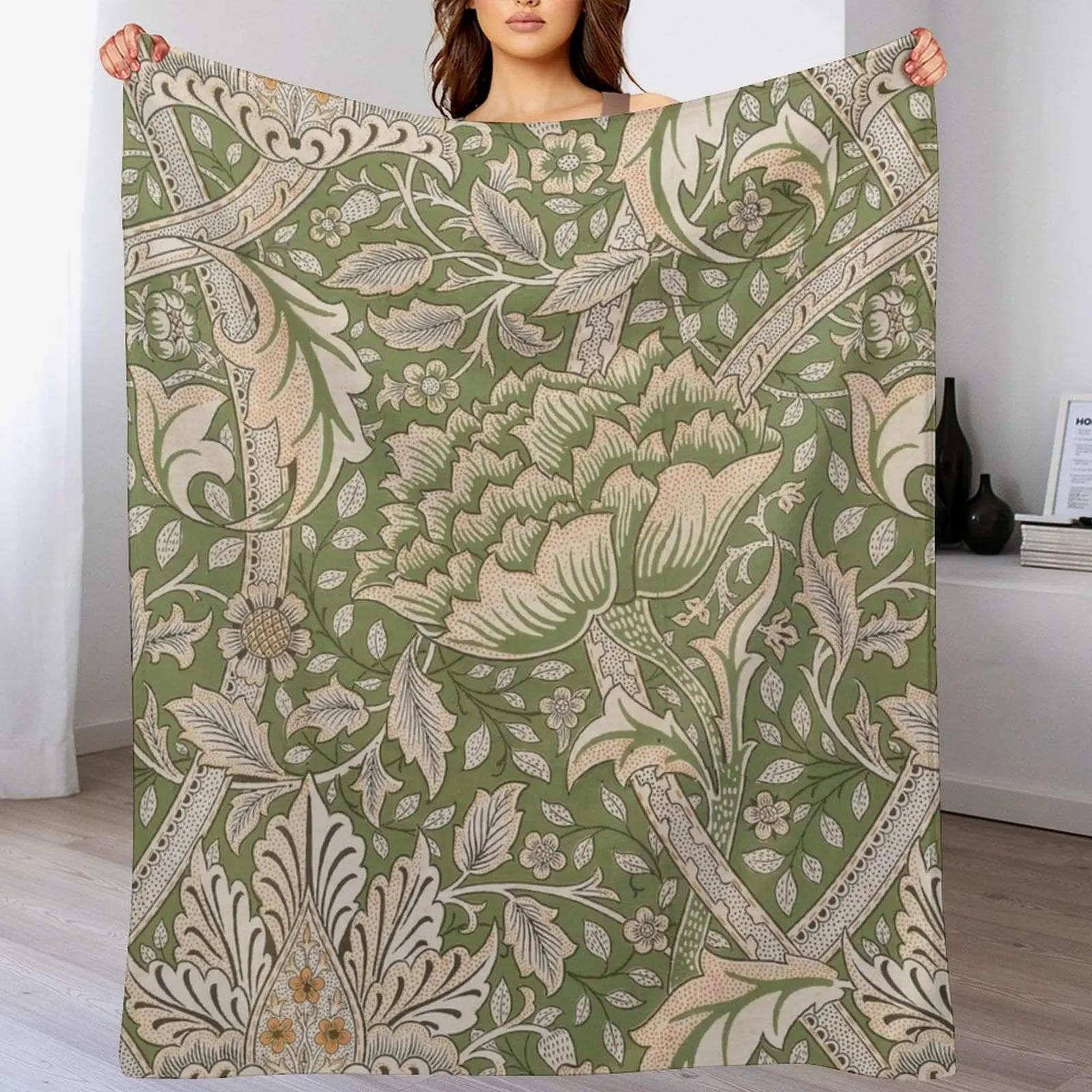 

William Morris Sage Green Windrush floral Leaves Vintage Pattern -Victorian Botanical Designs, Throw Blanket wednesday Blankets