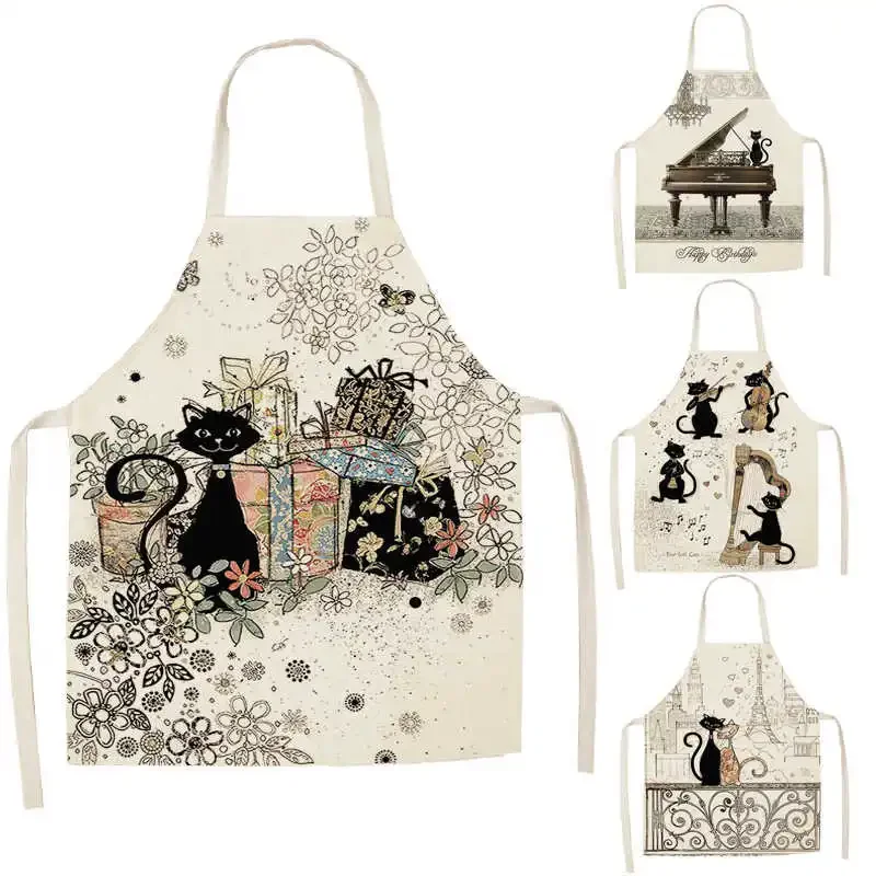 Home Cute Cat Pattern Kitchen Apron for Women Cotton Linen Bibs Household Cleaning Pinafore Home Cooking Aprons Delantal Tablier