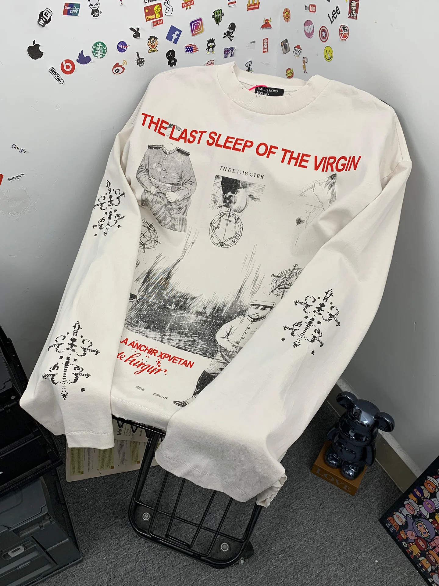 Washed Vintage American Casual Long Sleeve T-Shirt Men Loose Fit Printed Depressed Rich Second Generation Character Cotton Br...