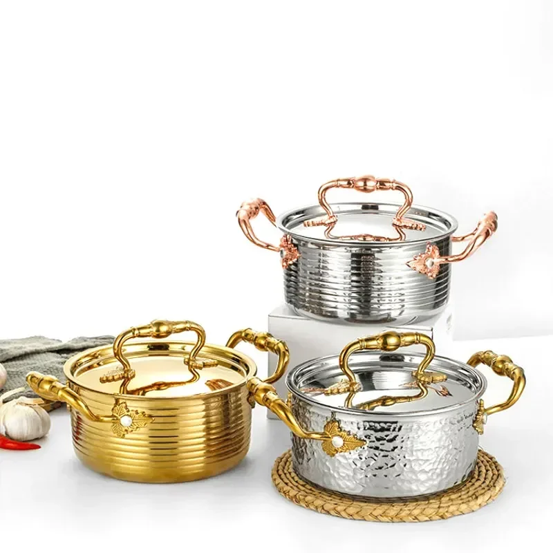 Hammer Pattern Independent Soup Pot Binaural Threaded Layer Stainless Steel Hot Pot Cooking Pot with Lid Buffet Restaurant