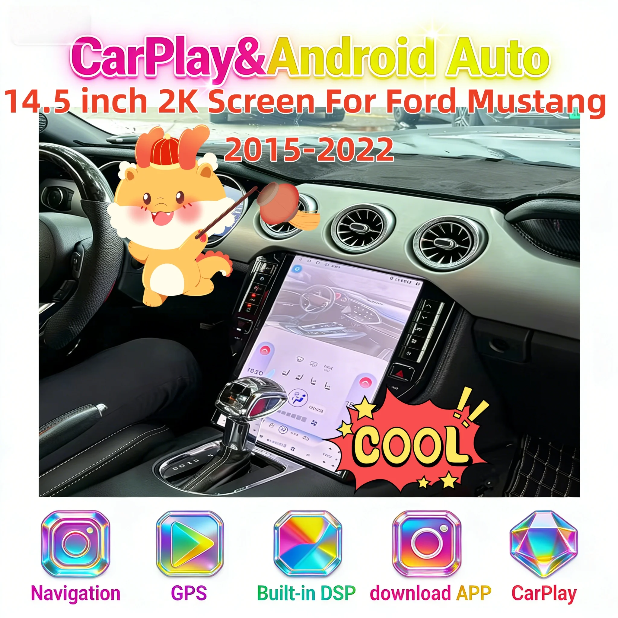 

14,5-дюймовый Android-плеер для Ford Mustang GT 2015-2021, мультимедийная система, радио, стерео, GPS, CarPlay, Wi-Fi, 4G, 2DIN, в стиле Tesla
