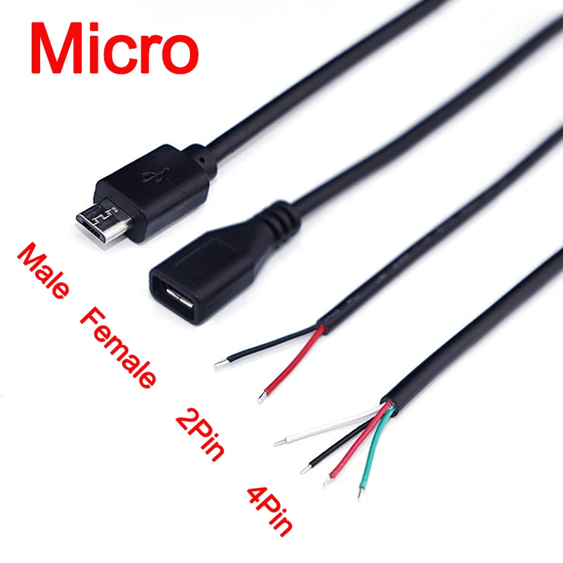 1Pcs Micro USB Male / Female to Open Wire 2 Core 4 Core Power Data Charging Wire Connector 2Pin 4Pin Extension Cable 0.3m