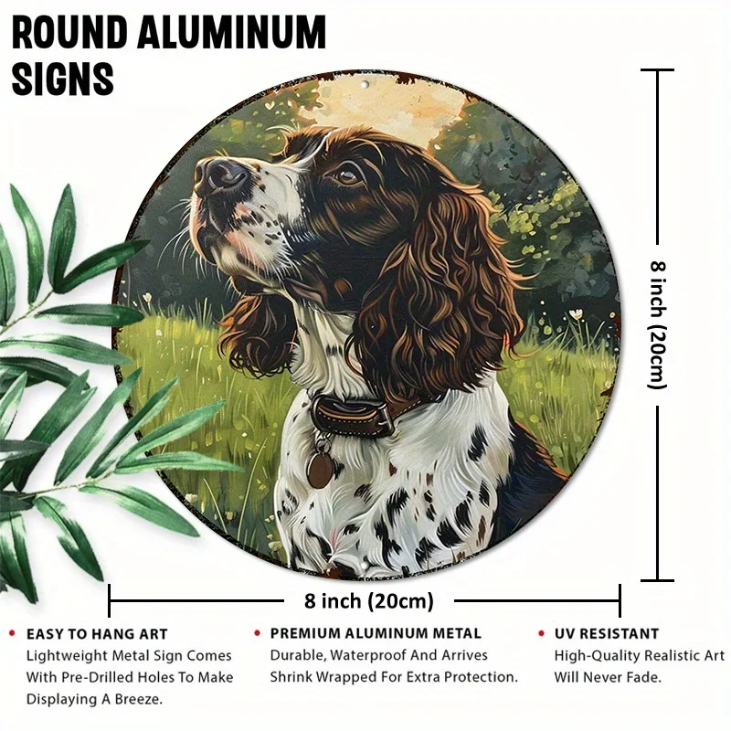 English Springer Spaniel Dog Oil Painting Round Metal Tin Sign 2D 20x20cm Pet Portrait Farmhouse Iron Wall Art