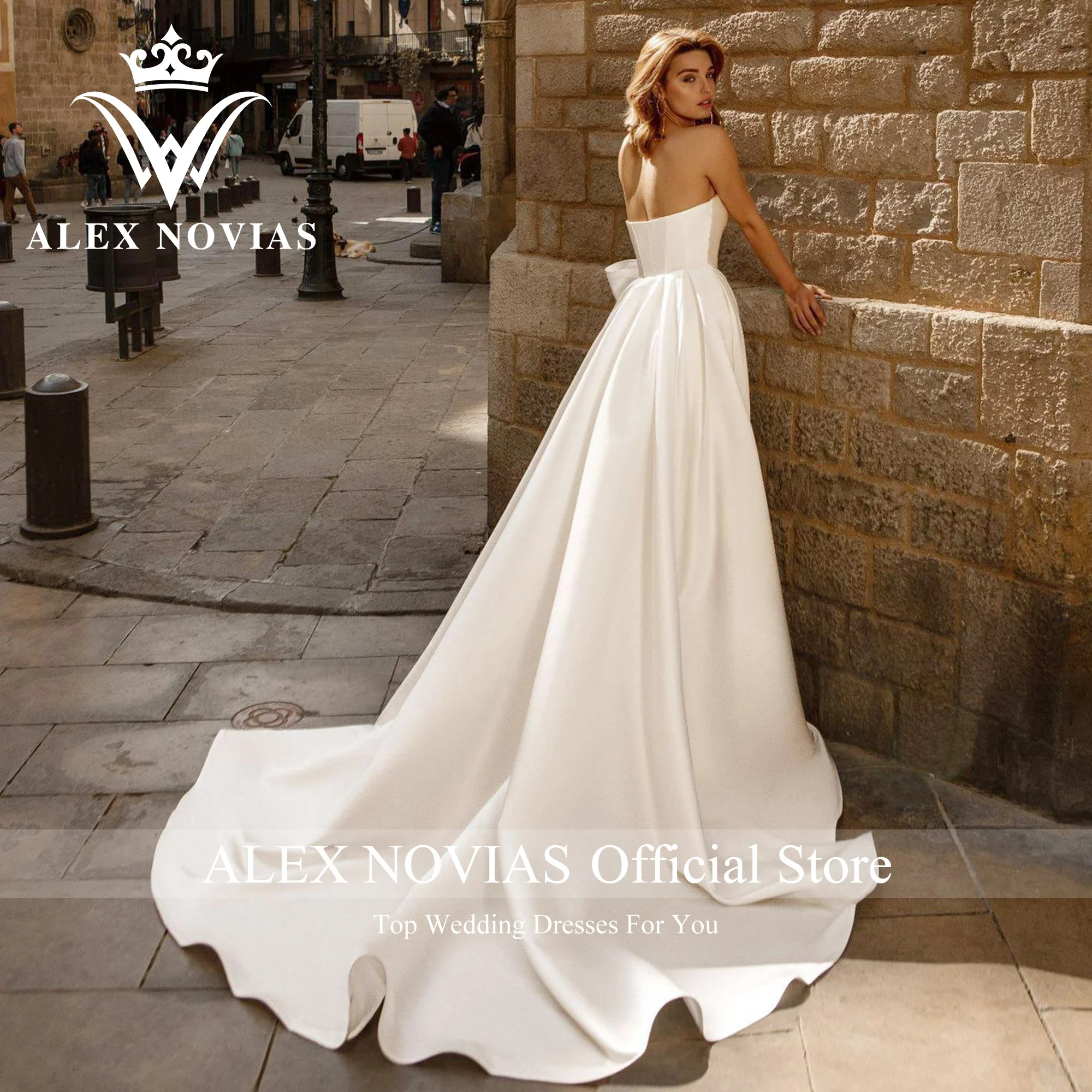 ALEX NOVIAS A-Line Wedding Dress High Quality 2023 Strapless Sweetheart Slit-Hem Bow Simple Satin Wedding Gown Vestidos De Novia