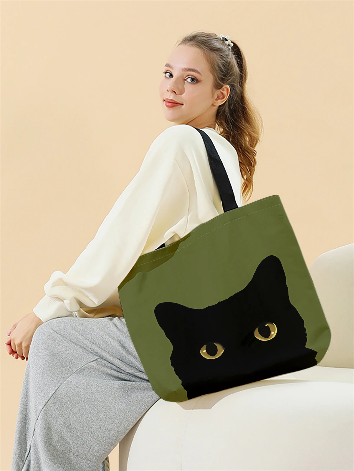 1 Stück, Cartoon-Katzenkopf-Handtasche, wiederverwendbare modische Handtasche, multifunktionale Handtasche, bedruckte Canvas-Einkaufstasche – Detail 3