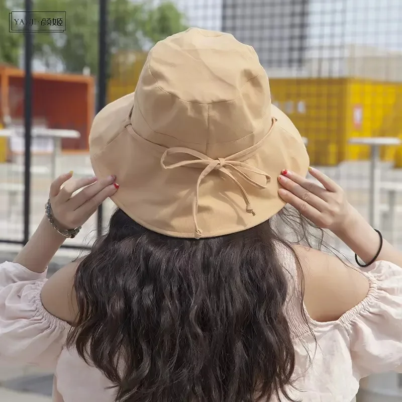 

New Spring Summer Cotton Bucket Hat Women Girl Sweet Knotted Bows Wide Brim Panama Sun Hats Outdoor Beach Tour Fishermen Caps