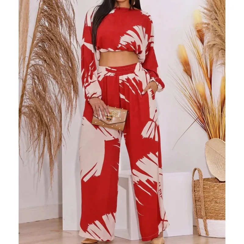 

Women's fashion casual printing short round neck top high waist wide leg pants two-piece set simple temperament elegant versatil