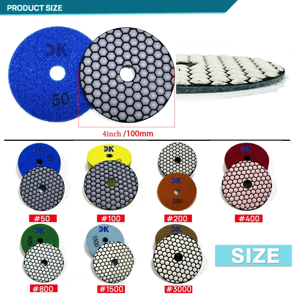 4inch 100mm Dry Polishing Pads Set Diamond Sanding Discs for Granite Marble Tile Stone - 7Pcs- Grit 50/100/200/400/800/1500/3000