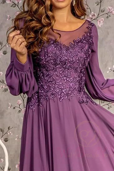 

Customized Chiffon Lace Appliques Evening Dresses Full Sleeves Long Sheer Neck A Line Formal Party Women Prom Gowns