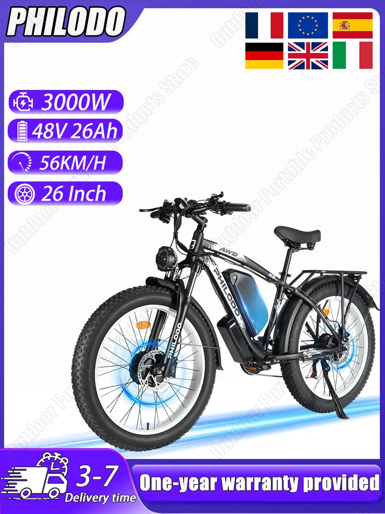 PHILODO H8 E-Bike 3000W Doppelmotor 48V26AH Abnehmbarer Akku Hydraulische Bremse Erwachsenen-Elektrofahrrad 26*4,0 Reifen Elektro-Mountainbike