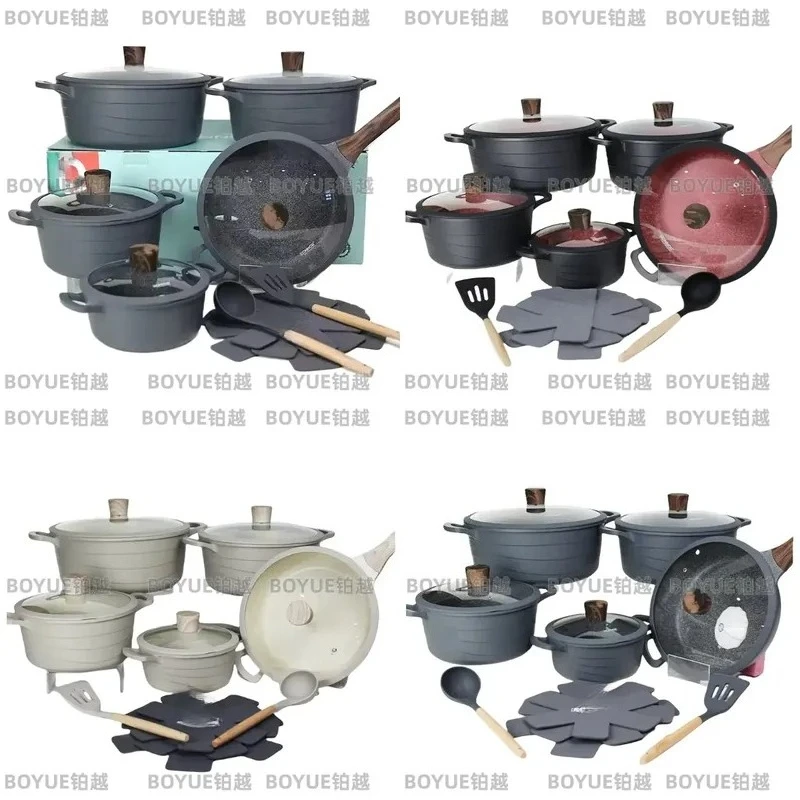 15 Piece Nonstick Cookware Set Wavy Marble Frying Pan Deep Soup Pot Striped Design Kitchen Essentials Durable Heat Resistant