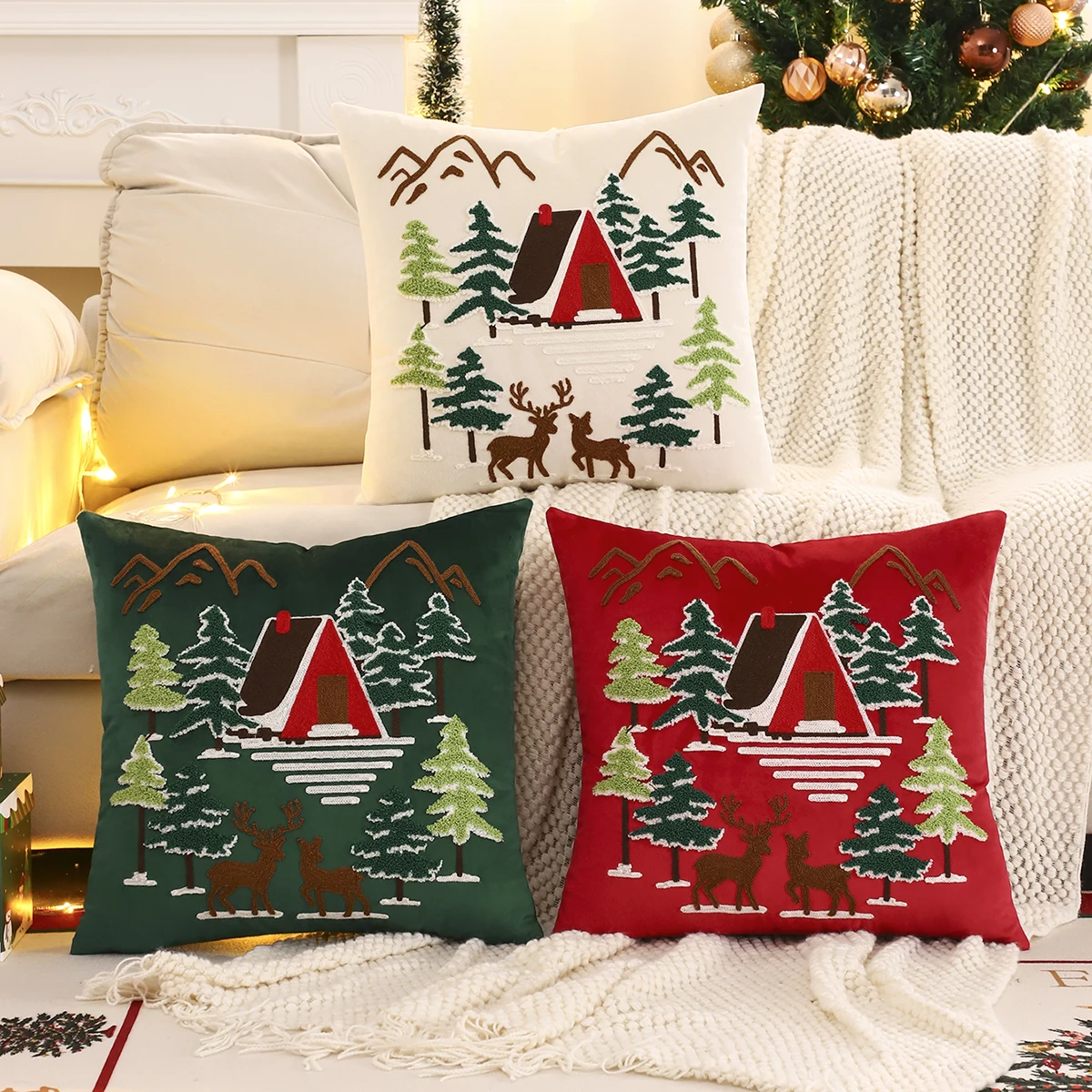 1PC Weihnachtsbaum Deer Hill Dekokissenbezug Samt Stickerei Weihnachtsdekoration Wohnzimmer