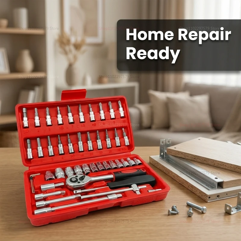 

46 Piece Car Repair Tool Set Ratchet Wrench Socket Kit for Auto Motorcycle Home Garage Professional Mechanic Compact Toolbox Set
