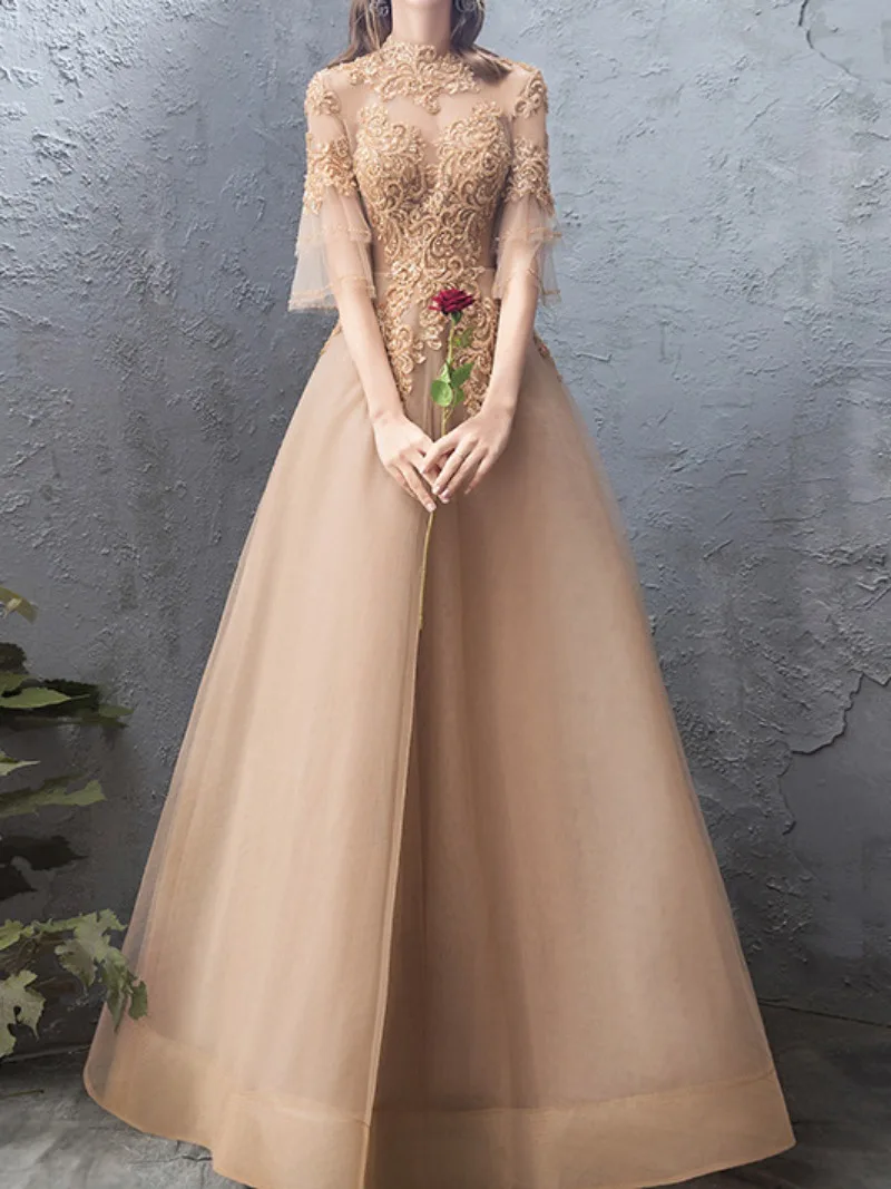 CustomizedElegant High Neck Half Flare Sleeves Evening Dresses Luxury Gold Color Applique Formal Gown Slim Waist A-line Vestidos