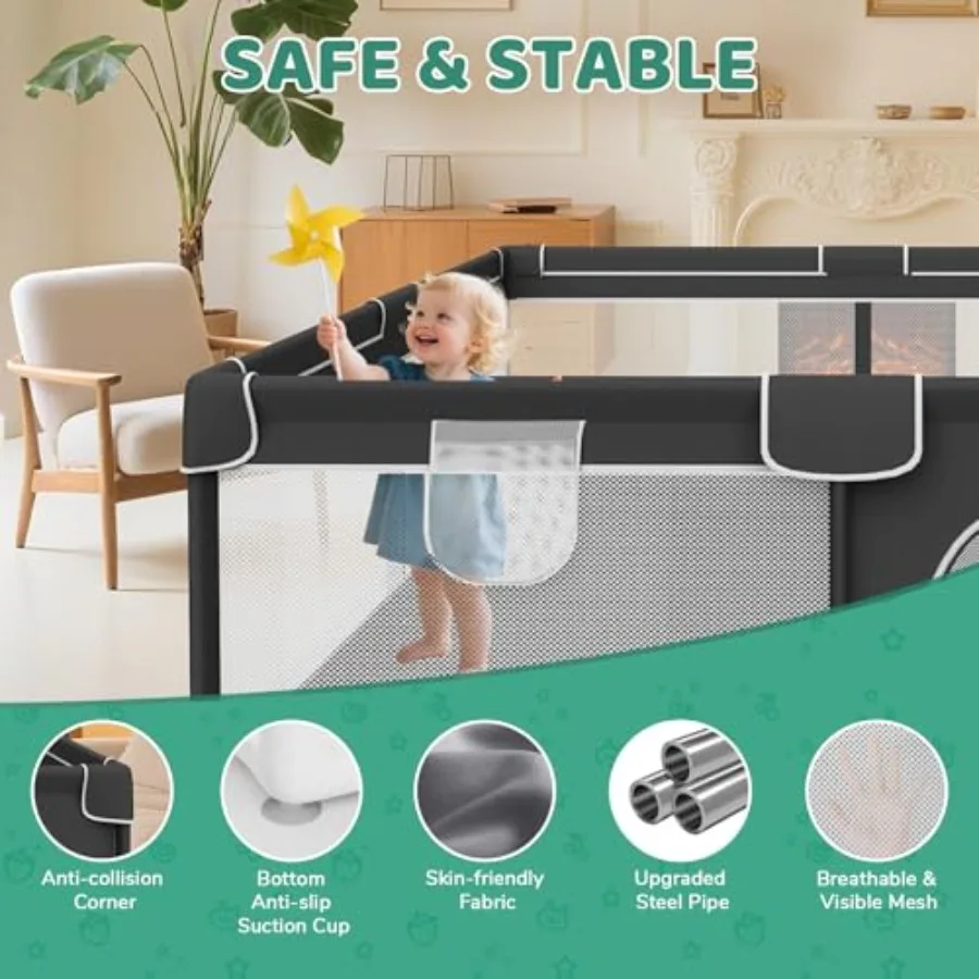 Kojec dla niemowląt i małych dzieci 71x59 cali - Bardzo duży kojec do zabawy dla dzieci do użytku wewnątrz i na zewnątrz z miękką, oddychającą siatką i zewnętrznym otwartym przegrodą.