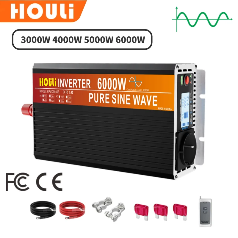 HOULI car inverter 12v 220v 6000W pure wave inverter 50hz power transformer dc to ac converter 12v 230v european