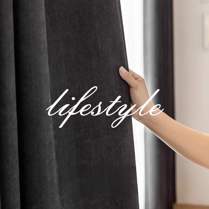 Italian Minimalist Gray Black Curtains for Living Room Bedroom Fabric High Blackout Chenille Dark Color Herringbone Pattern