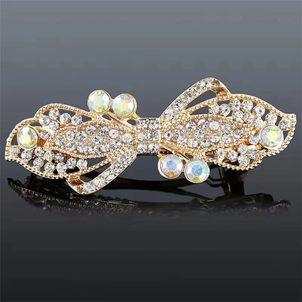 Korean Crystal Flower Bow Spring Hairpin Vintage Ink Blue Rhinestone Horizontal Clip Top Clip Elegant Mom Fashion Hairpin