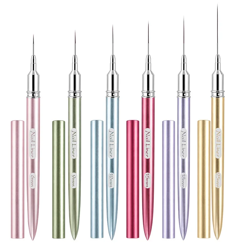 6/9/12/15/18/25mm Color Metal Handle Nail Art Liner Brushes, DIY Drawing Pen for Lines, Stripes & Flower Design, UV Gel Nail Art