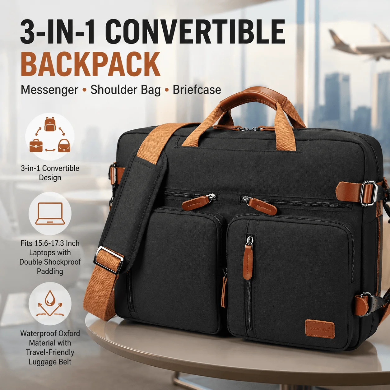 Convertible Laptop Bag 17.3 Inch 3 In 1 Waterproof Backpack Business Briefcase Multi-Functional Travel Shoulder Bag Oxford