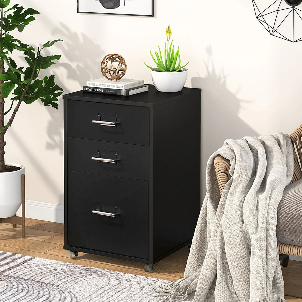 Office Rolling File Cabinet with 3 Drawers Shelf and Wheels, Black