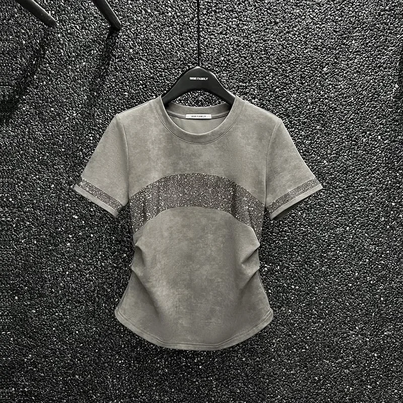 

Summer Short Sleeve Tie Dye T-shirt Women Versatile Diamonds Patchwork Slim Waist Tops Gray O-neck Short Tshirt XQ199
