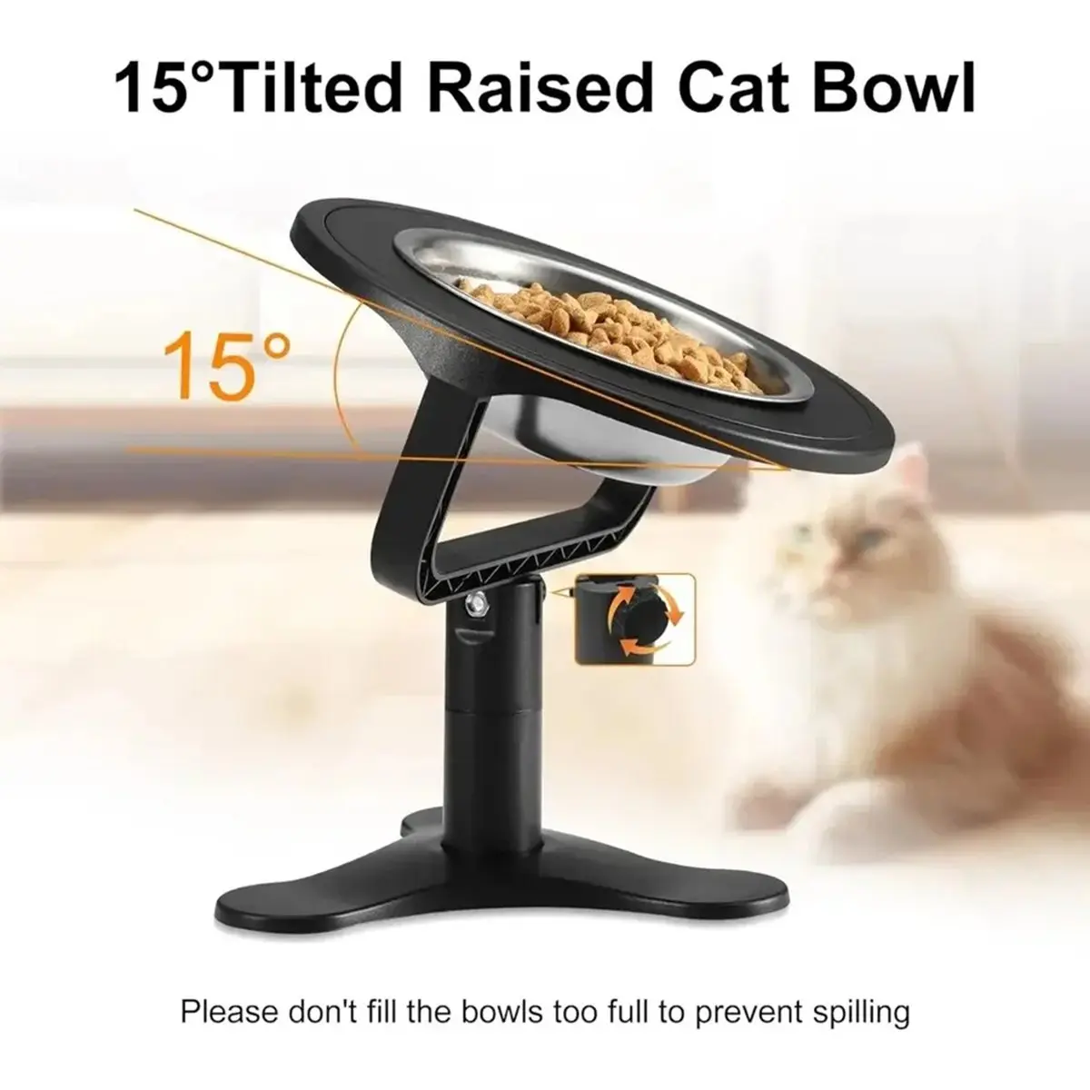 A67T NEW Raised Cat Bowls,Elevated for Indoor Cats with Height-Adjustable Stand Non-Slip Stainless Steel Bowl 15° Tilted Kitten