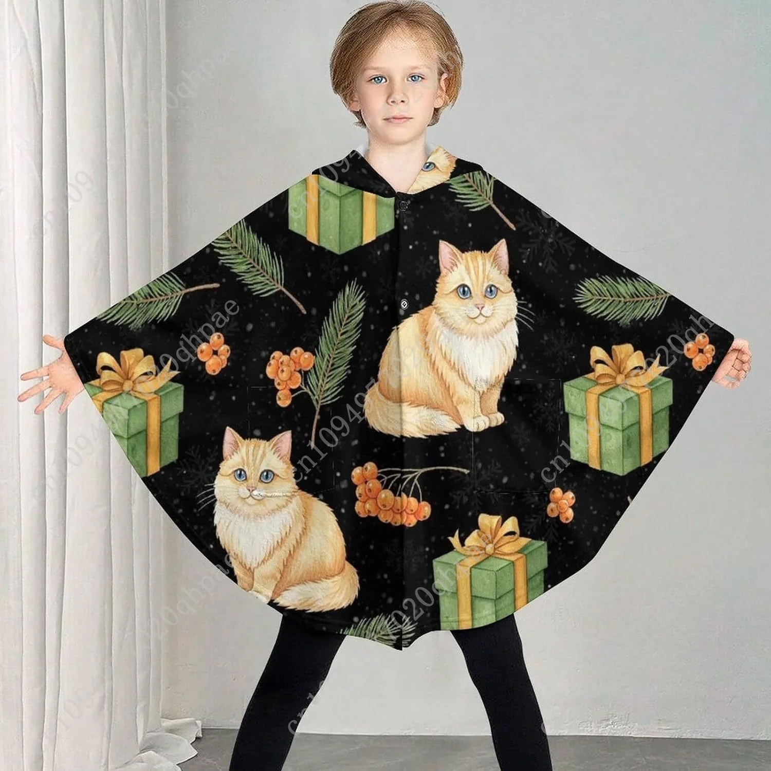 سترة بطانية مريحة من الفلانيل، فروع التوت القطط، رقاقات الثلج، هوديي كبير الحجم مع جيوب للأطفال والمراهقين #2