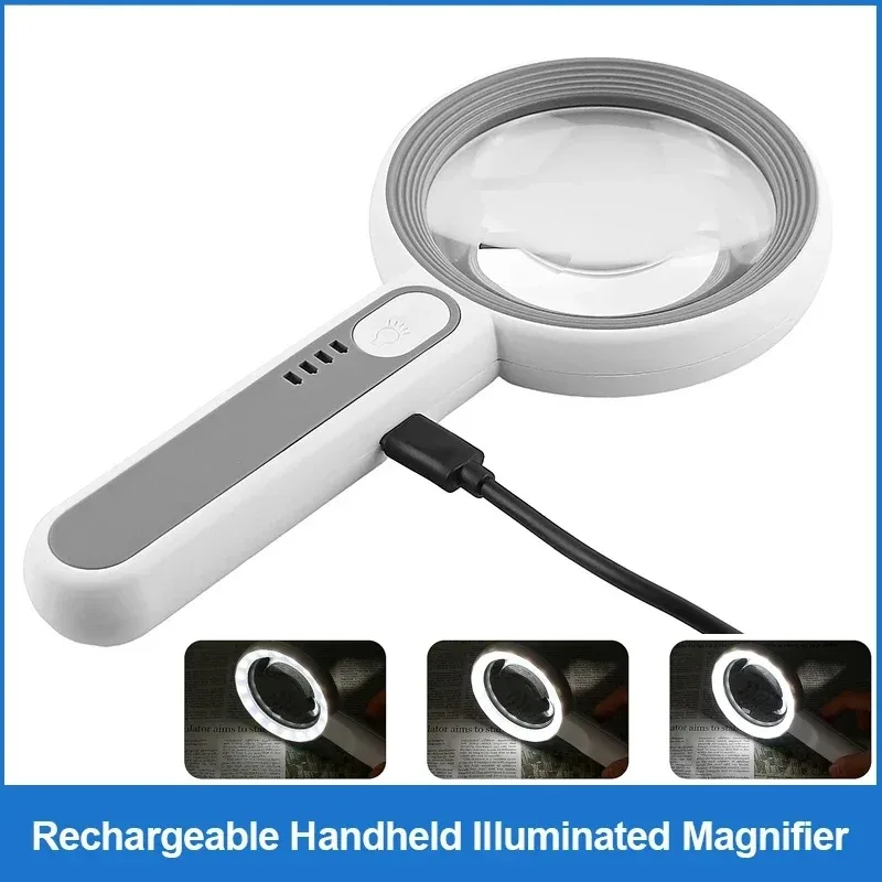 Rechargeable 12X LED Illuminated Handheld Magnifier 3 Light Modes Reading Glass For Seniors Jewelry Inspection Craft Work